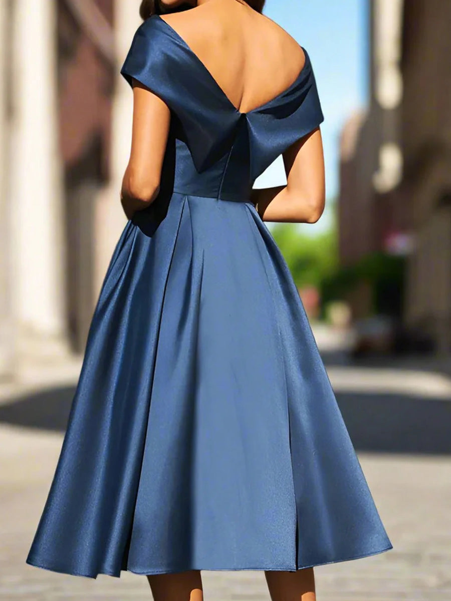 A-line Off-the-Shoulder Pleated Tea-Length Satin Corset Mother of the Bride Dress
