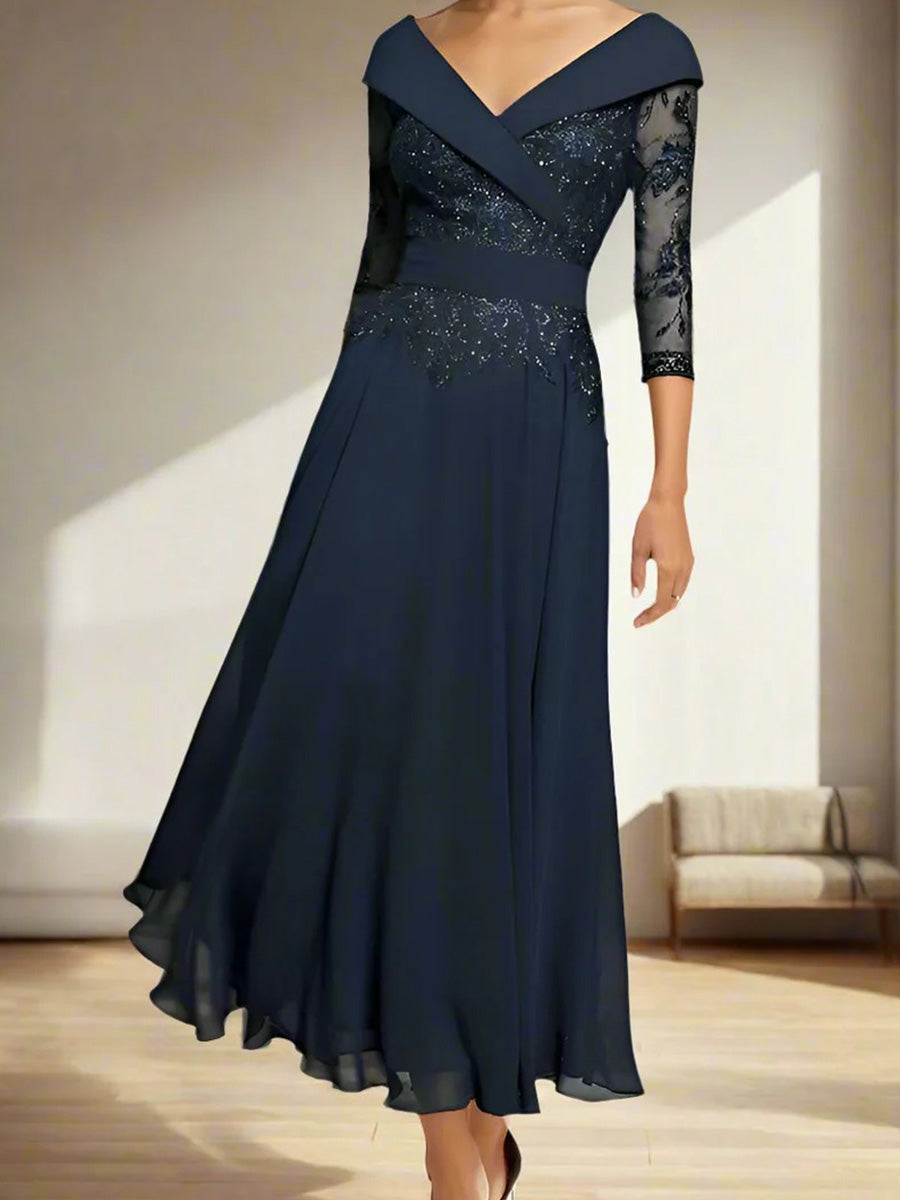 A-line V-neck 3/4 Sleeves Appliques Lace Tea-Length Chiffon Corset Mother of the Bride Dress