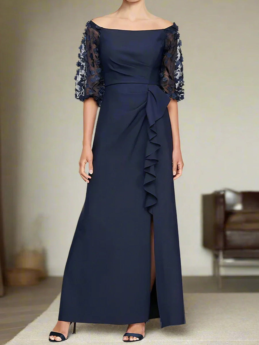 Sheath Bateau 1/2 Sleeves Ruffles Ankle-Length Charmeuse Corset Mother of the Bride Dress