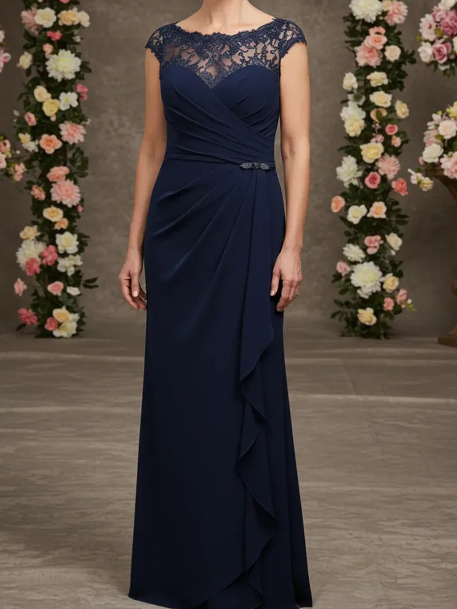Sheath Scoop Short Sleeves Appliques Lace Floor-Length Stretch Crepe Mother of the Bride Dress