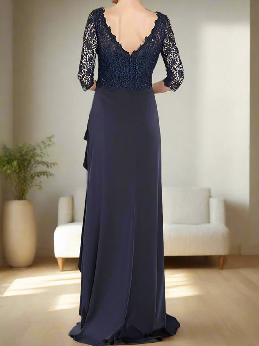 A-line V-neck 3/4 Sleeves Appliques Lace Floor-Length Stretch Crepe Mother of the Bride Dress