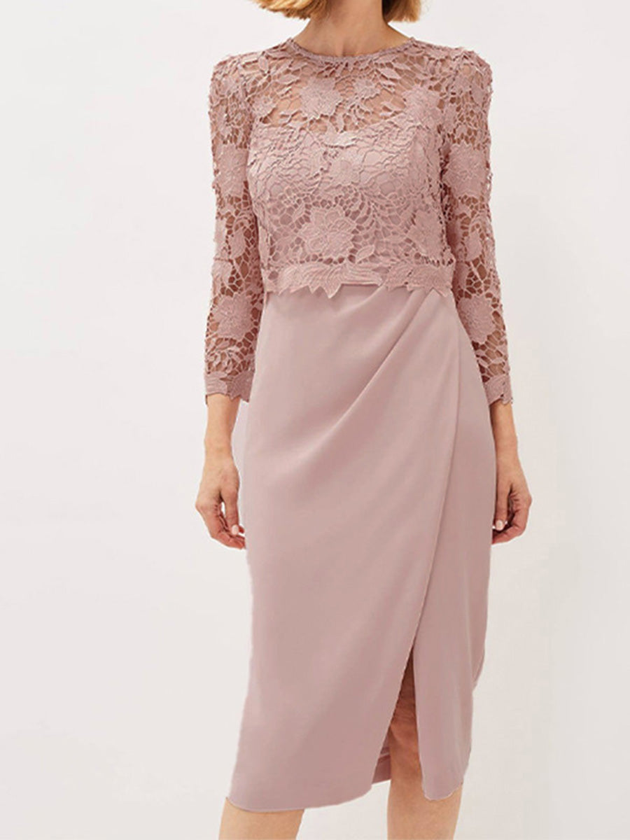 Sheath Scoop 3/4 Sleeves Appliques Lace Tea-Length Stretch Crepe Mother of the Bride Dress