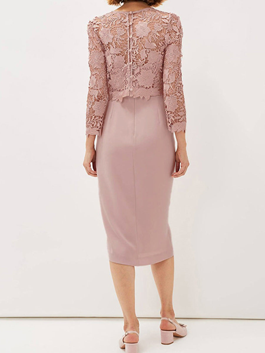 Sheath Scoop 3/4 Sleeves Appliques Lace Tea-Length Stretch Crepe Mother of the Bride Dress