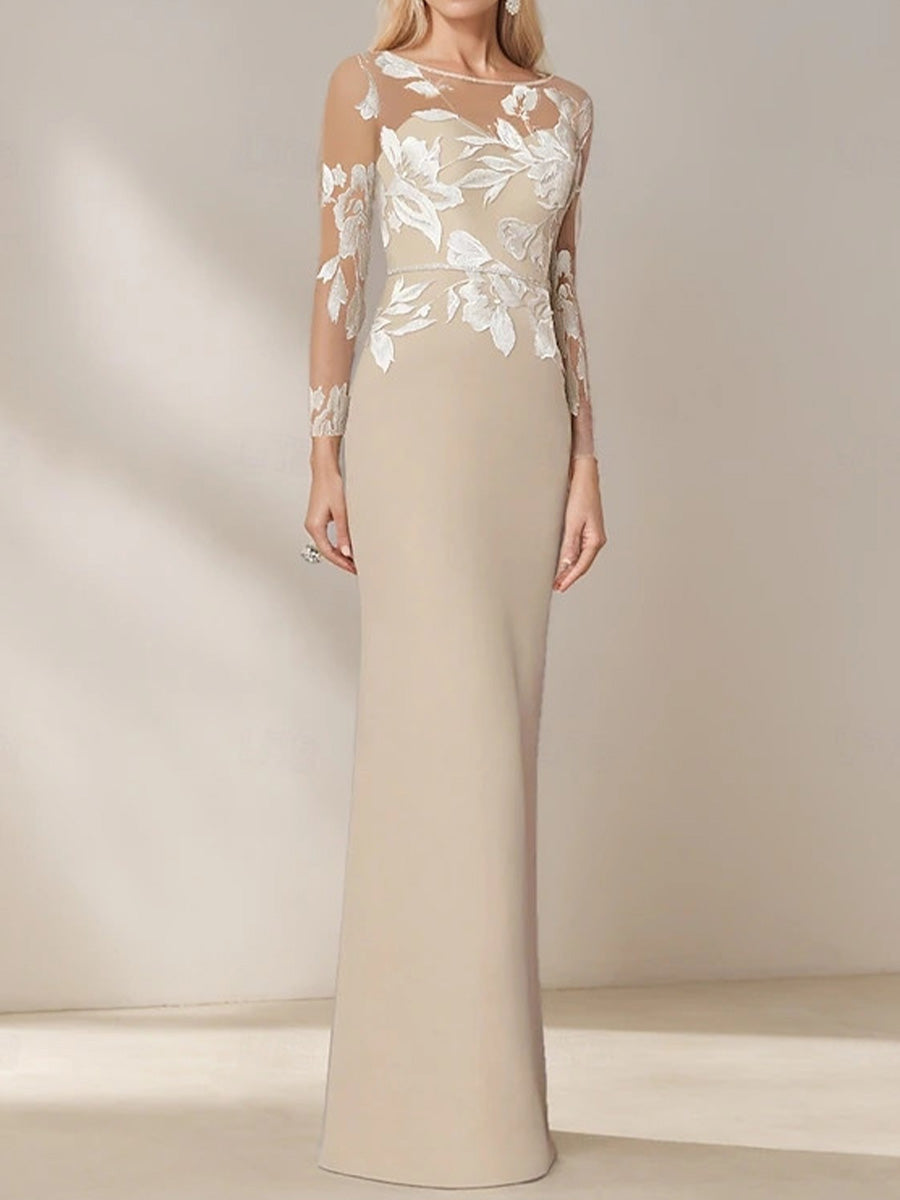 Sheath Bateau Long Sleeves Appliques Lace Floor-Length Stretch Crepe Mother of the Bride Dress