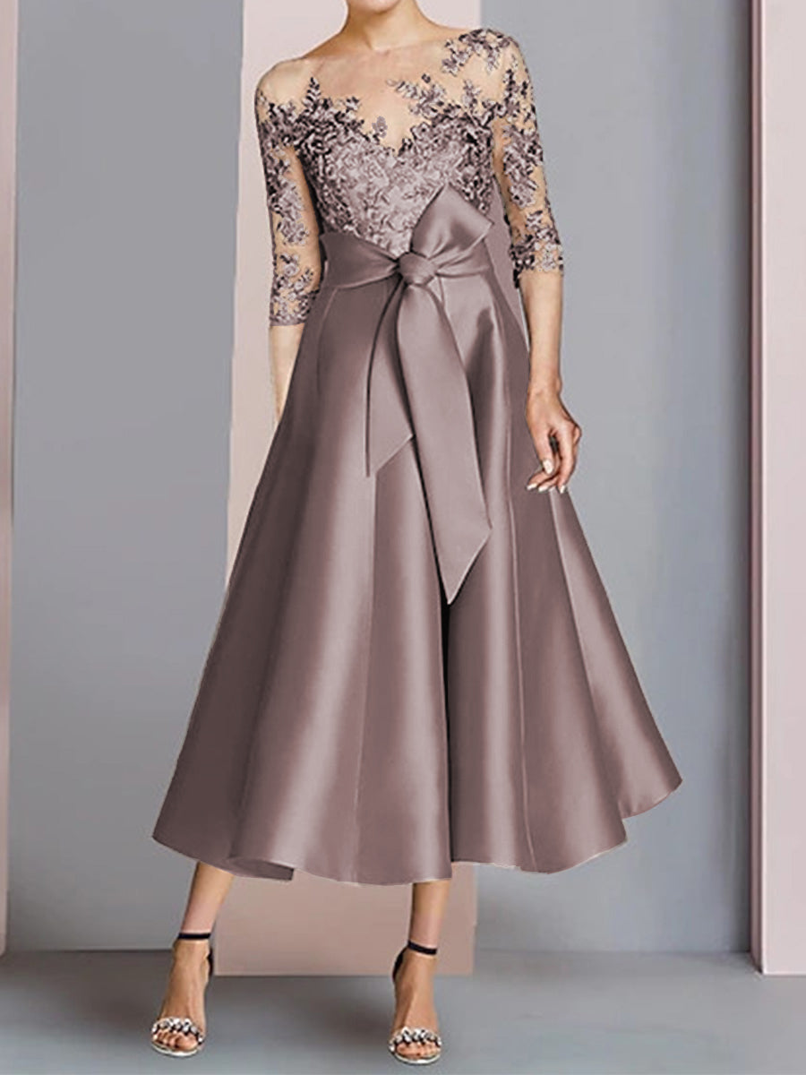 A-line Bateau 1/2 Sleeves Bow Tea-Length Satin Corset Mother of the Bride Dress
