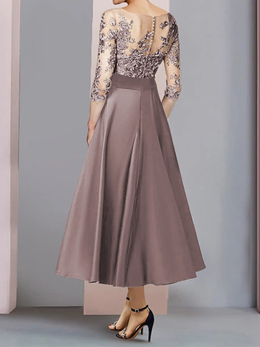 A-line Bateau 1/2 Sleeves Bow Tea-Length Satin Corset Mother of the Bride Dress