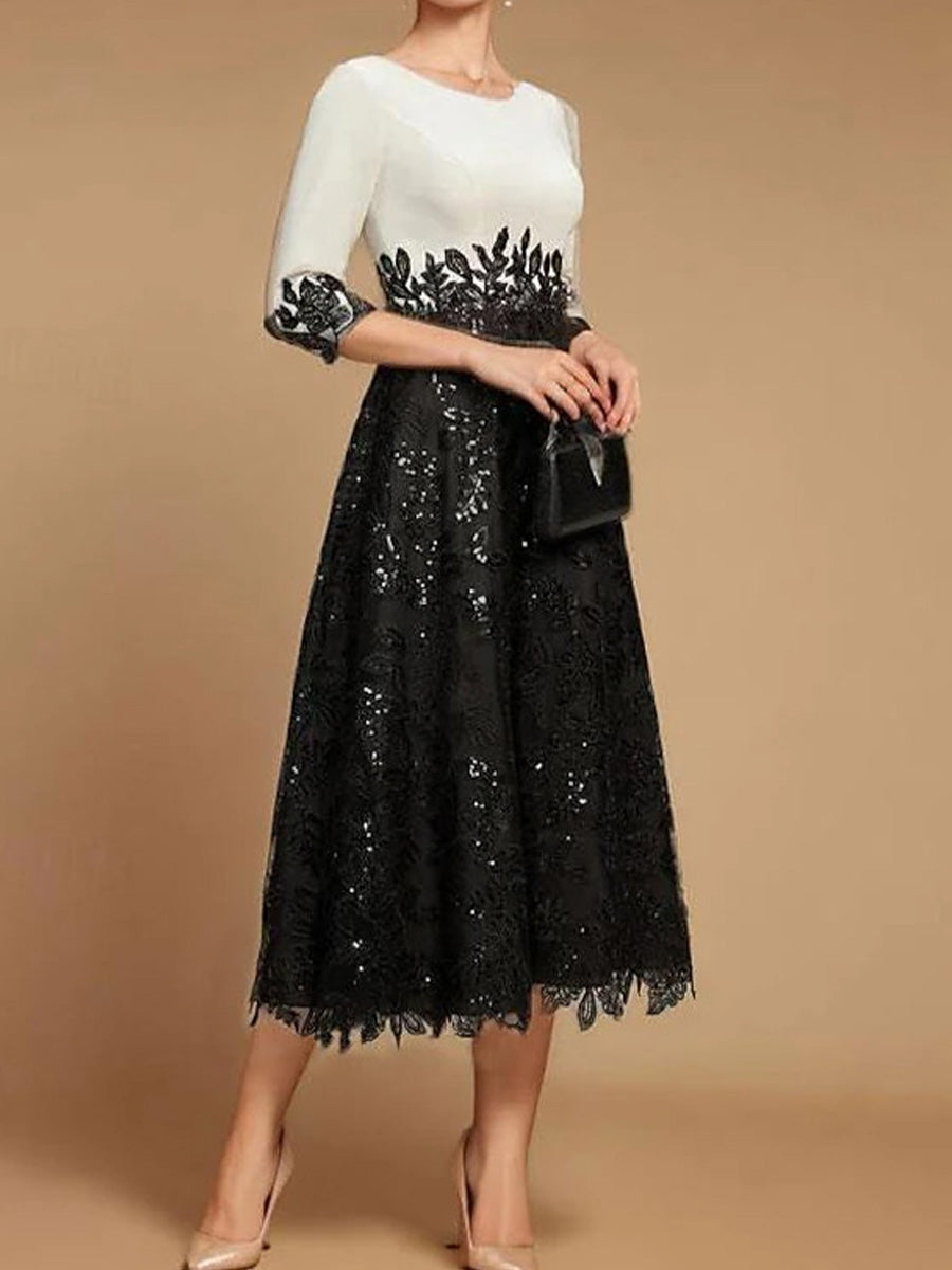A-line Bateau 1/2 Sleeves Appliques Lace Tea-Length Satin Mother of the Bride Dress