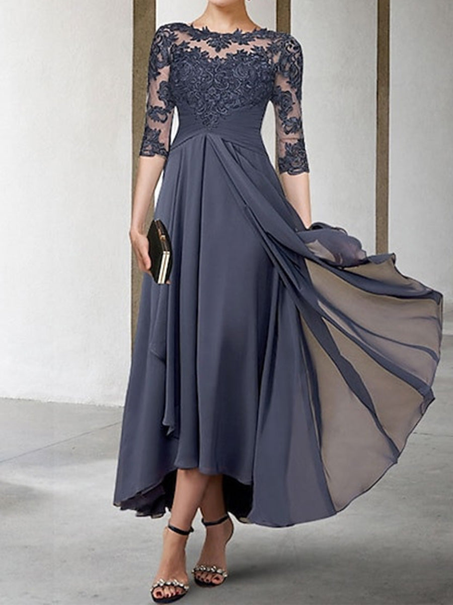 A-line Bateau 1/2 Sleeves Appliques Lace Ankle-Length Chiffon Corset Mother of the Bride Dress