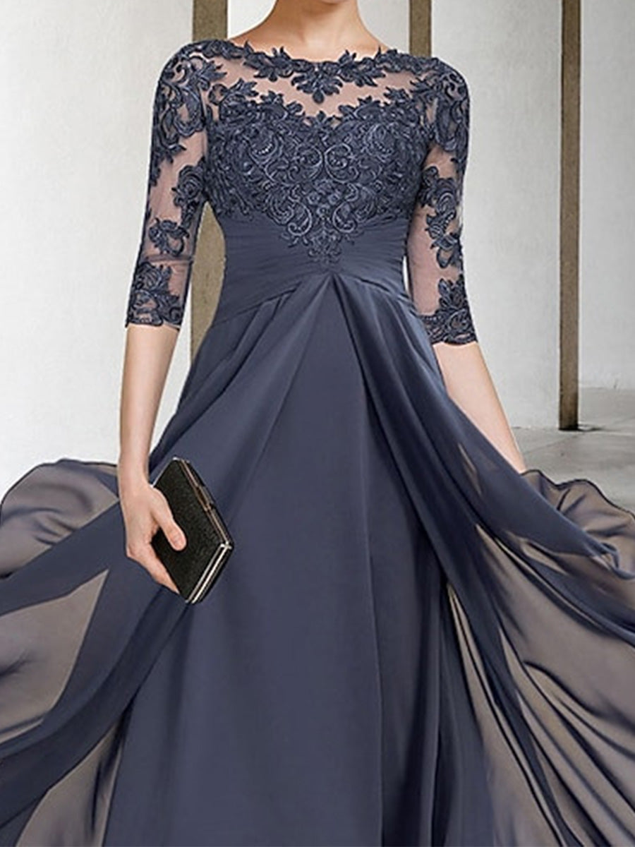 A-line Bateau 1/2 Sleeves Appliques Lace Ankle-Length Chiffon Corset Mother of the Bride Dress