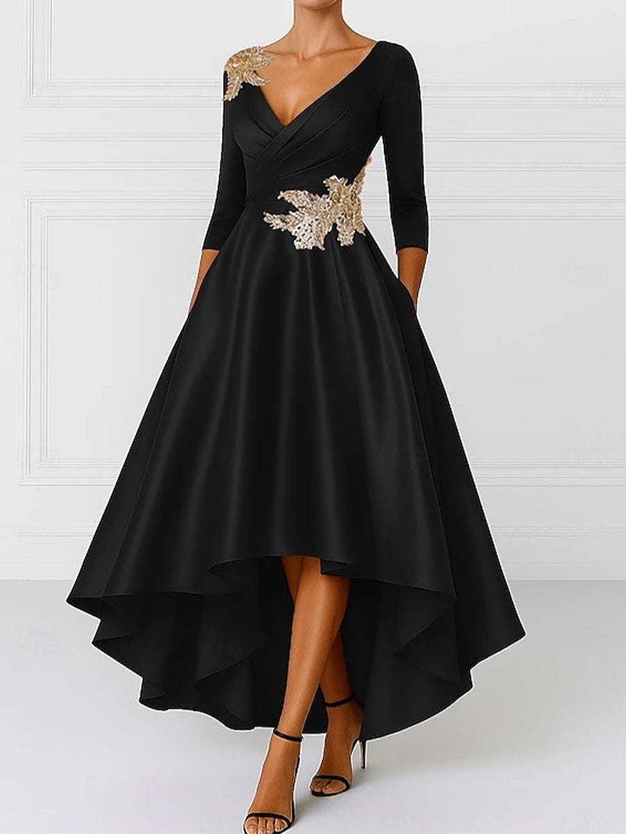 A-line V-neck 3/4 Sleeves Appliques Lace Asymmetrical Satin Corset Mother of the Bride Dress