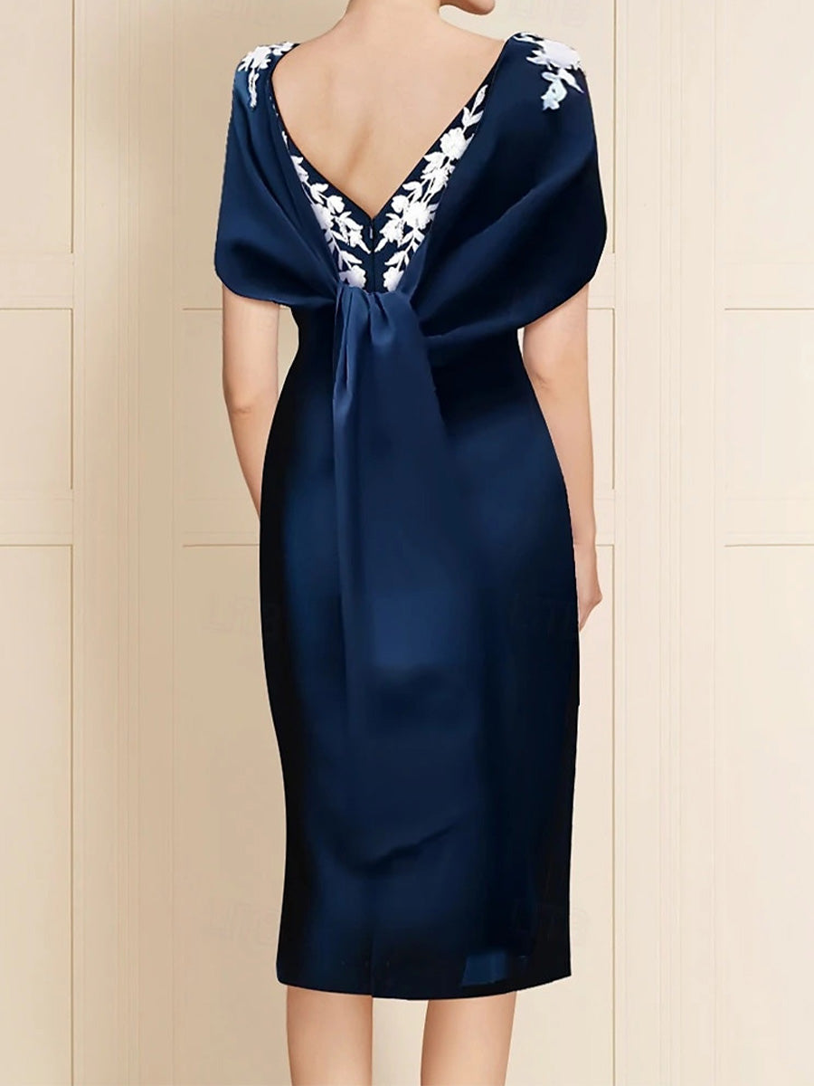 Sheath Bateau Short Sleeves Appliques Lace Tea-Length Stretch Crepe Mother of the Bride Dress