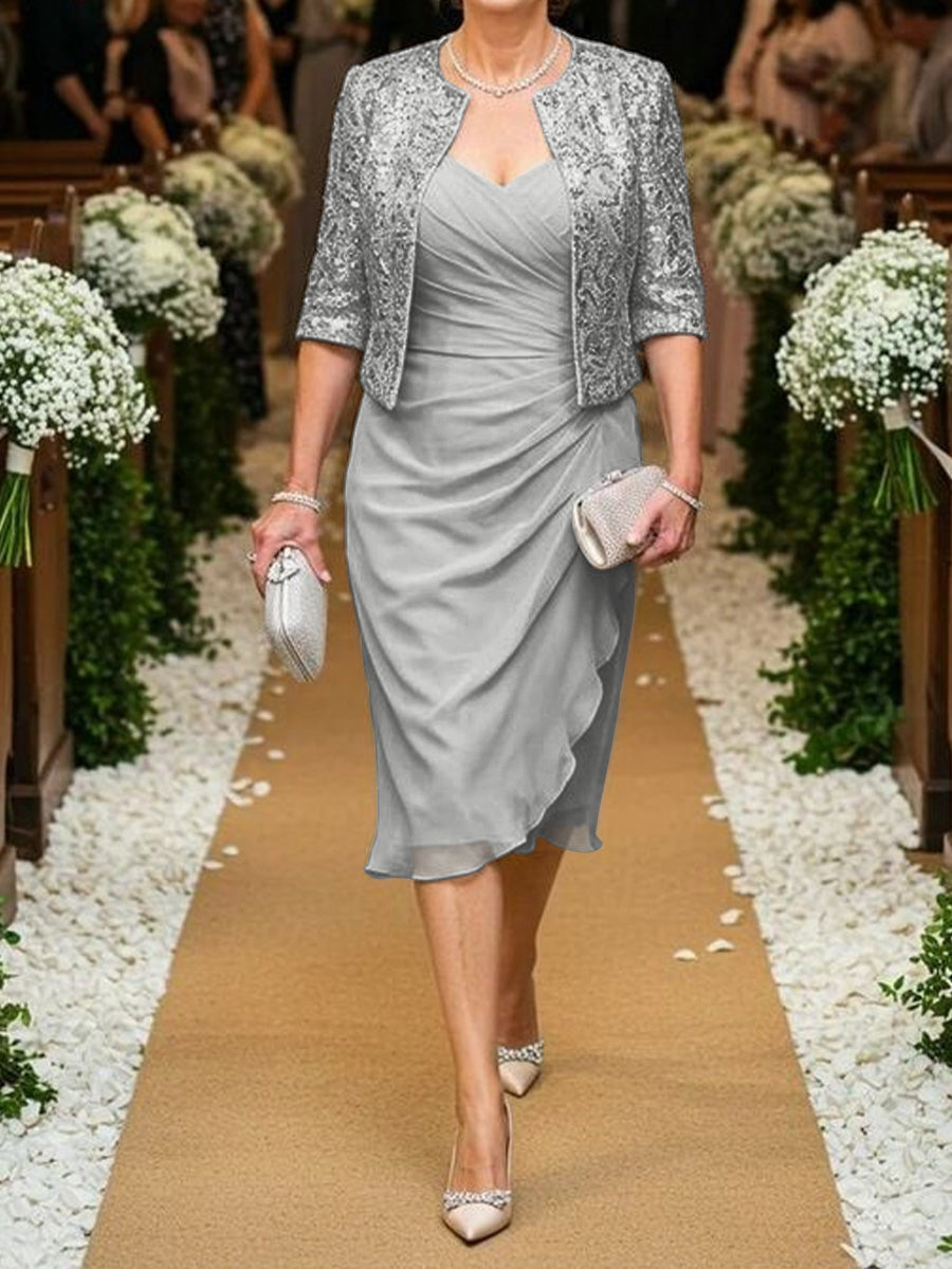 Sheath V-neck 1/2 Sleeves Pleated Tea-Length Chiffon Corset Mother of the Bride Dress