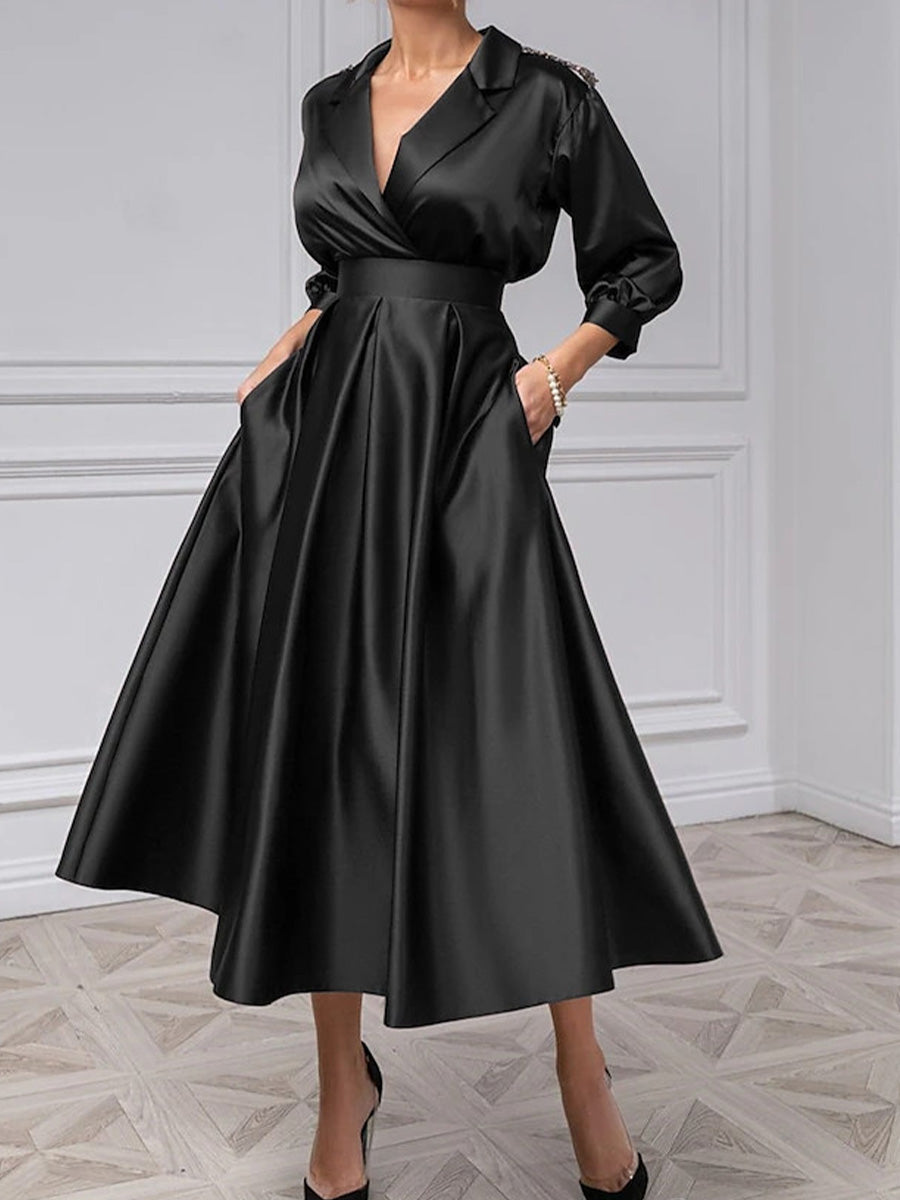 A-line V-neck 3/4 Sleeves Ruffles Tea-Length Satin Mother of the Bride Dress