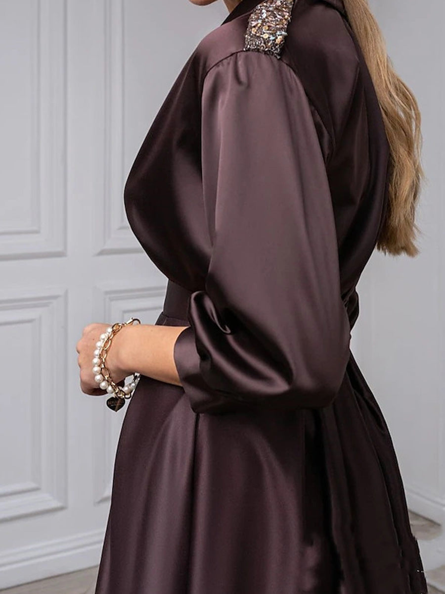 A-line V-neck 3/4 Sleeves Ruffles Tea-Length Satin Mother of the Bride Dress