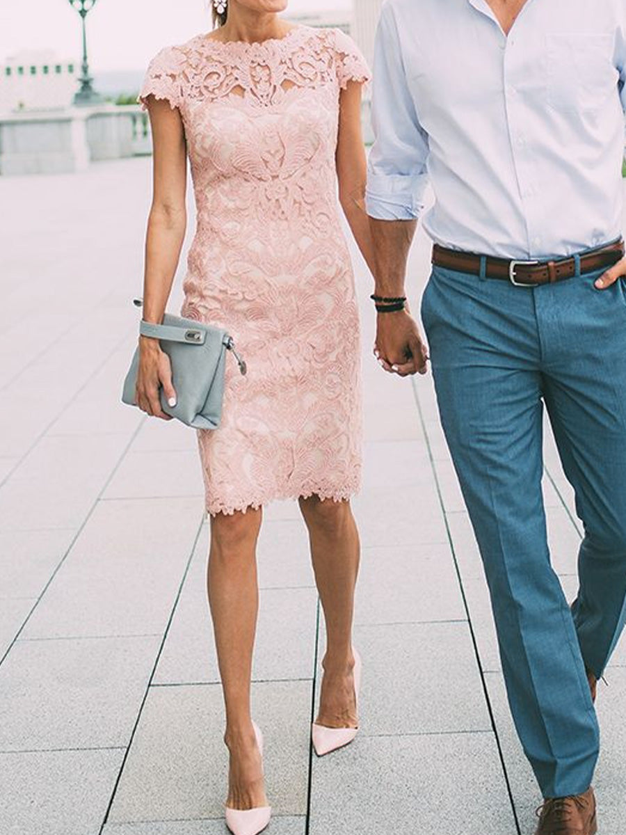 Sheath Scoop Short Sleeves Knee-Length Lace Mother of the Bride Dress