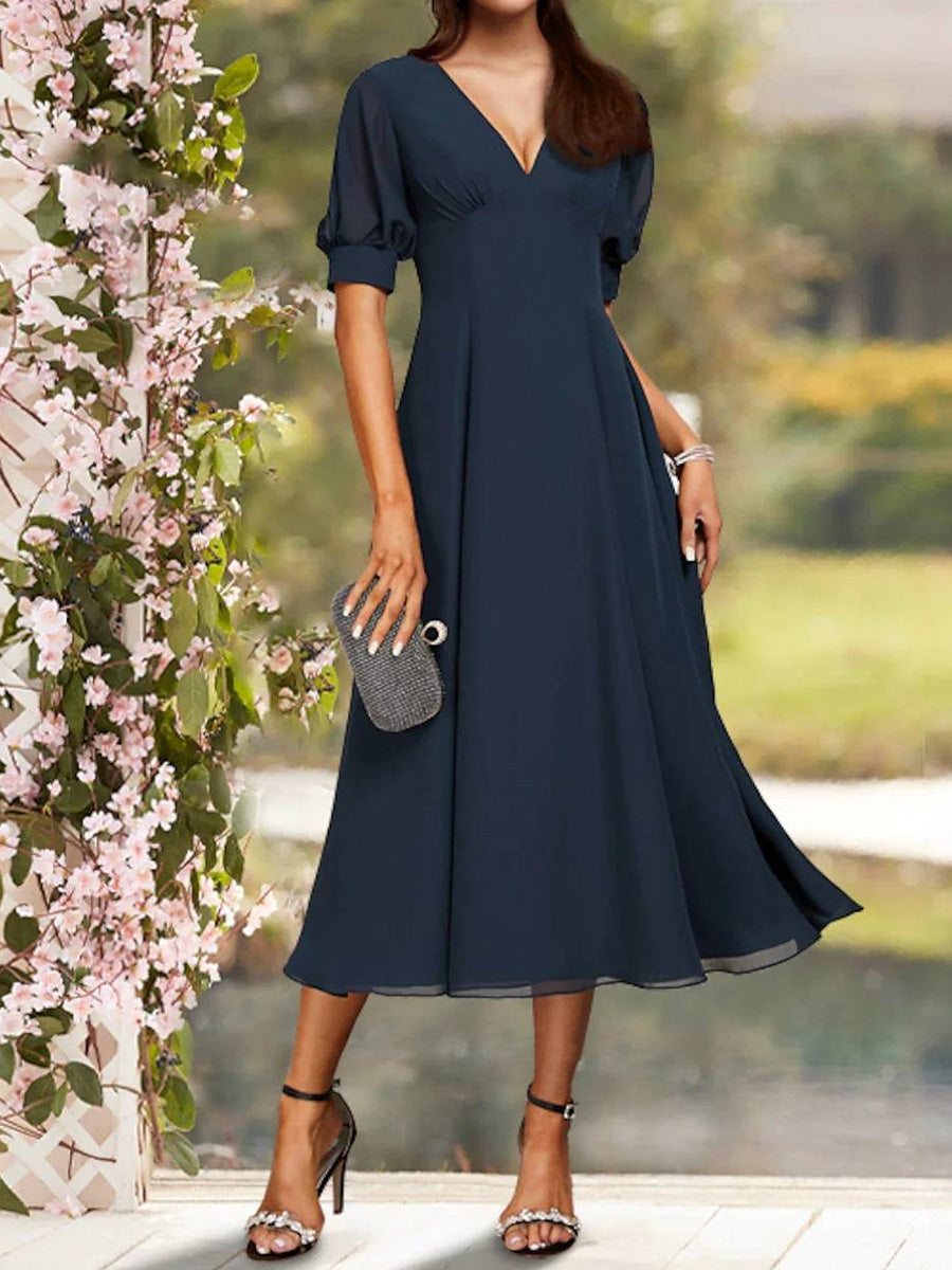 A-line V-neck Short Sleeves Pleated Tea-Length Chiffon Mother of the Bride Dress