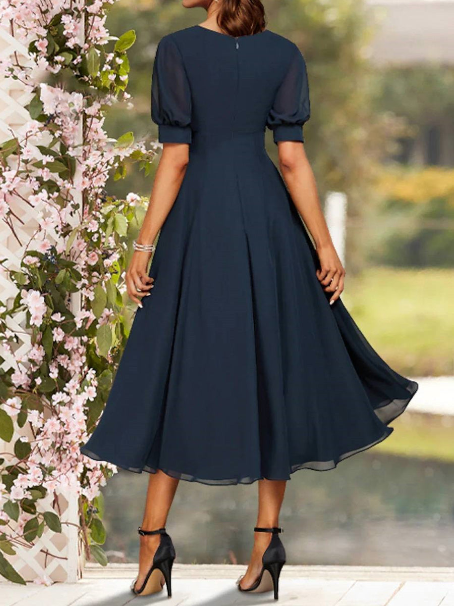 A-line V-neck Short Sleeves Pleated Tea-Length Chiffon Mother of the Bride Dress