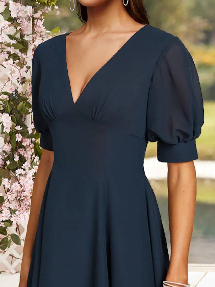 A-line V-neck Short Sleeves Pleated Tea-Length Chiffon Mother of the Bride Dress