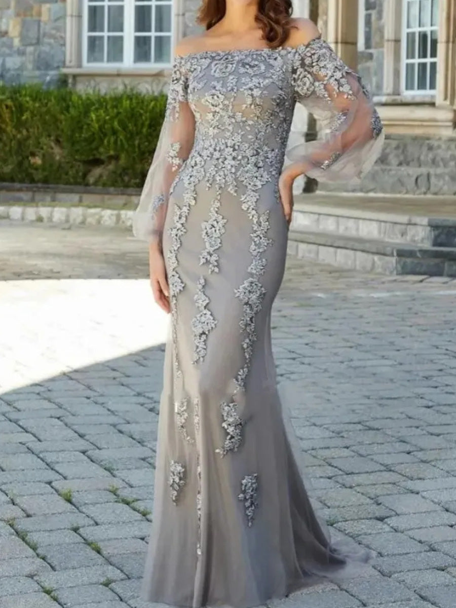 Sheath Off-the-Shoulder Long Sleeves Appliques Lace Sweep Train Tulle Mother of the Bride Dress