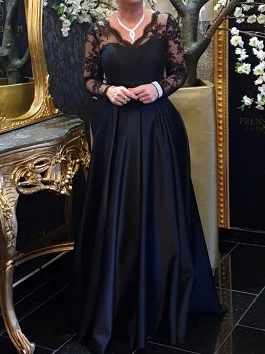 A-line V-neck Long Sleeves Appliques Lace Floor-Length Satin Corset Mother of the Bride Dress