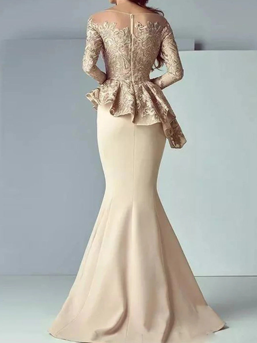 Sheath Scoop Long Sleeves Appliques Lace Floor-Length Stretch Crepe Corset Mother of the Bride Dress