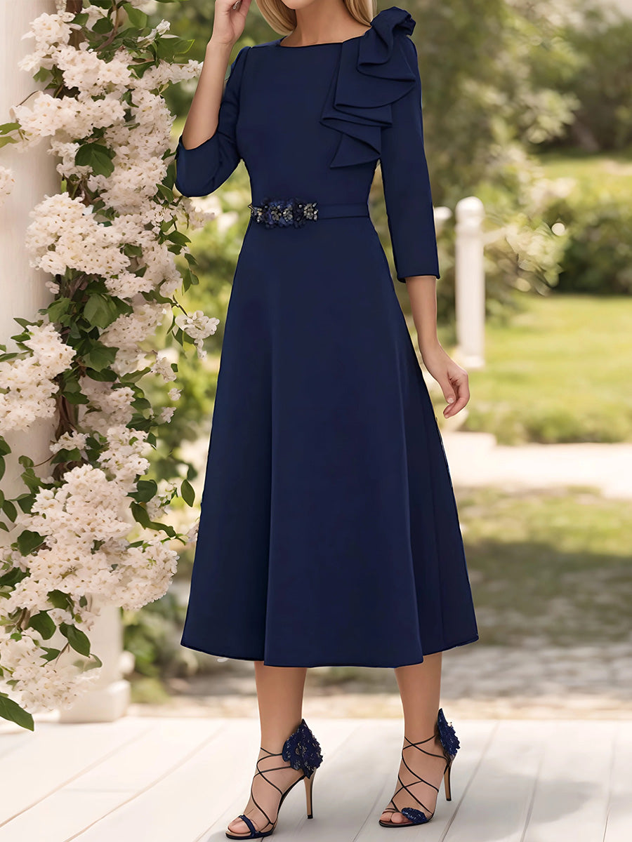 A-line Scoop 3/4 Sleeves Ruffles Tea-Length Stretch Crepe Mother of the Bride Dress