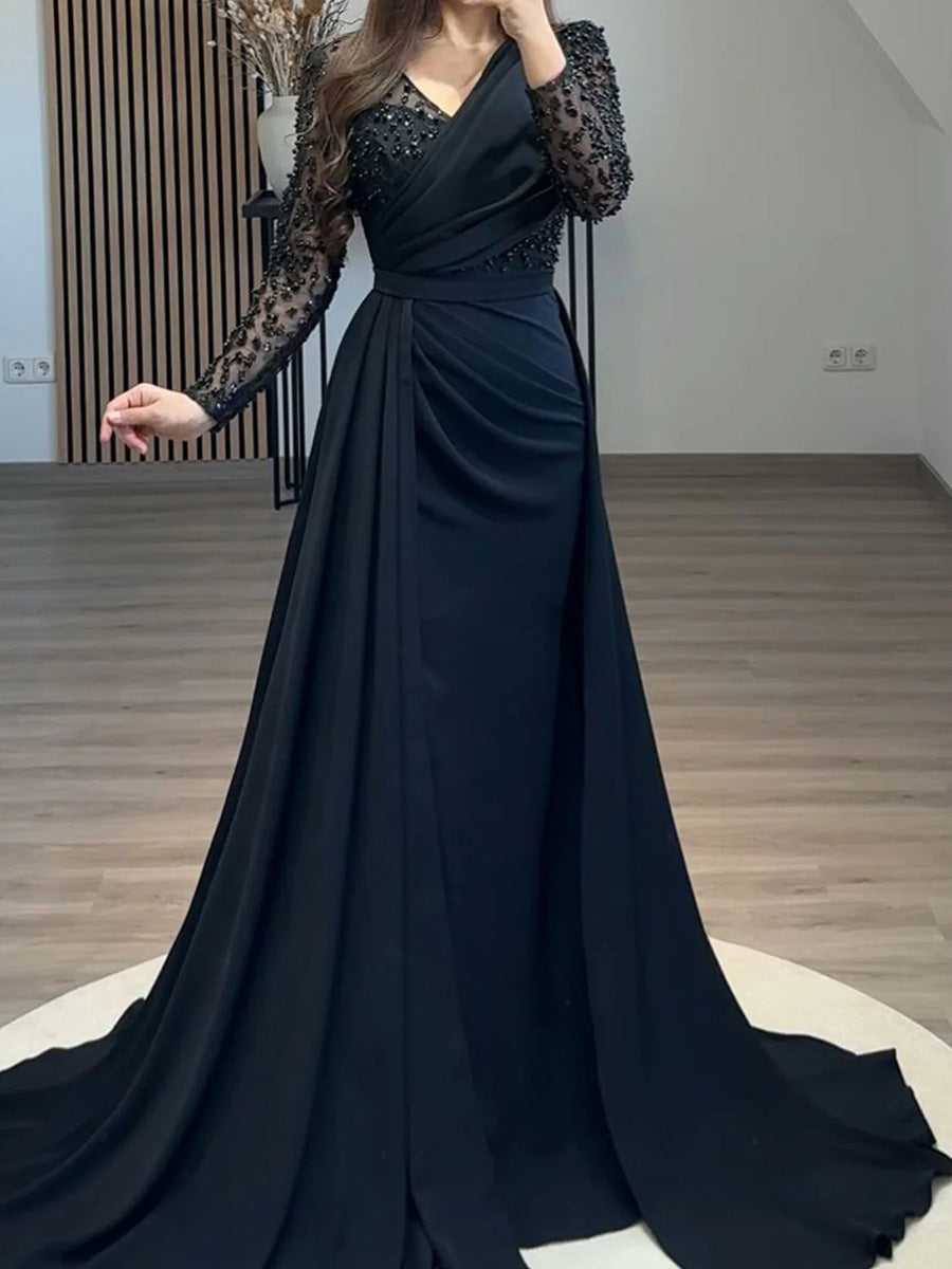 Sheath V-neck Long Sleeves Pleated Sweep Train Stretch Crepe Mother of the Bride Dress