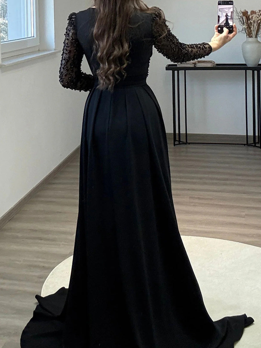 Sheath V-neck Long Sleeves Pleated Sweep Train Stretch Crepe Mother of the Bride Dress