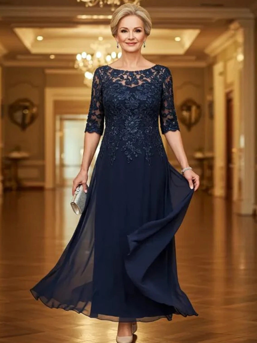 A-line Scoop 3/4 Sleeves Appliques Lace Ankle-Length Chiffon Corset Mother of the Bride Dress