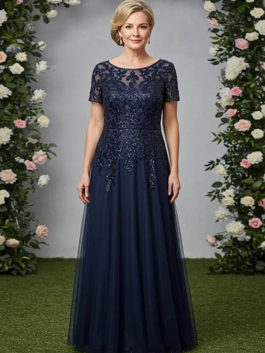 A-line Scoop Short Sleeves Appliques Lace Floor-Length Tulle Corset Mother of the Bride Dress
