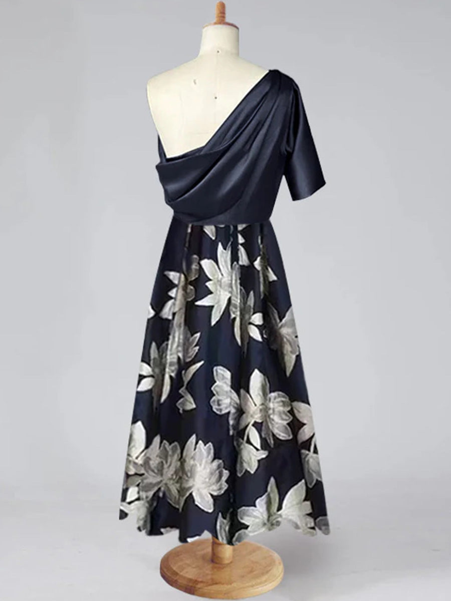 A-line Short Sleeves Pleated Ankle-Length Corset Mother of the Bride Dress
