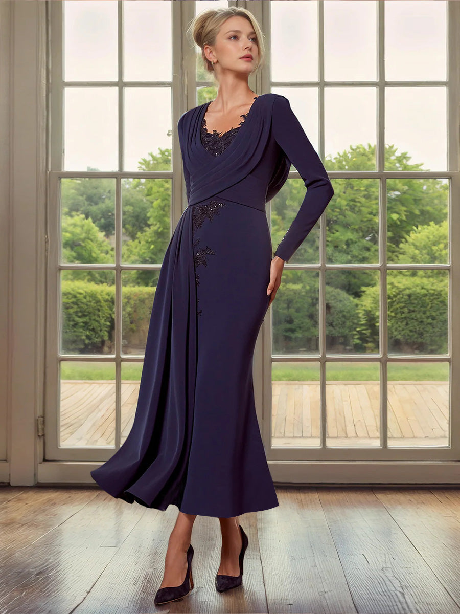 Sheath Sweetheart Long Sleeves Appliques Lace Ankle-Length Stretch Crepe Corset Mother of the Bride Dress