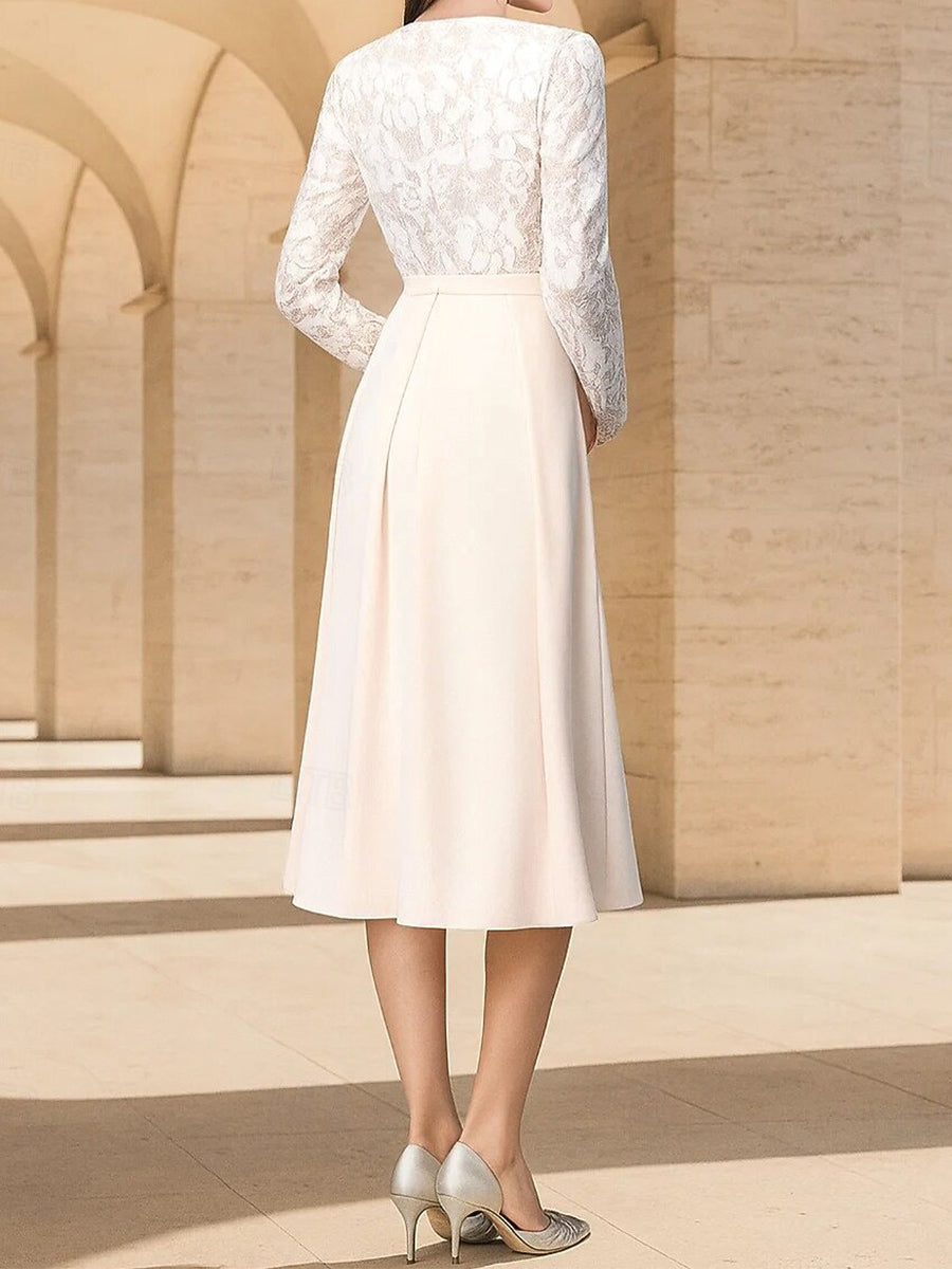 A-line Scoop Long Sleeves Ruffles Tea-Length Stretch Crepe Mother of the Bride Dress