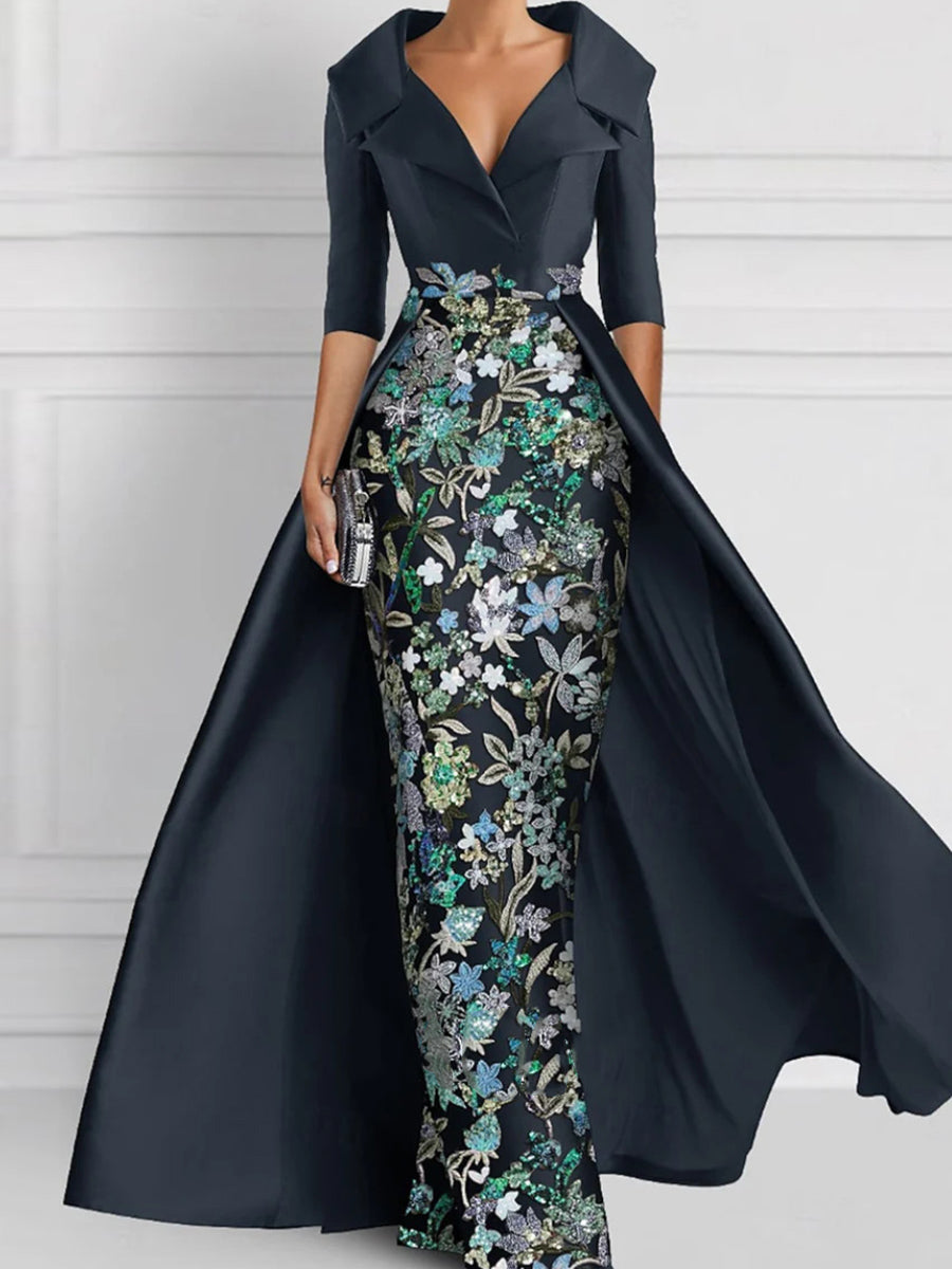 Sheath V-neck 1/2 Sleeves Appliques Lace Floor-Length Satin Corset Mother of the Bride Dress