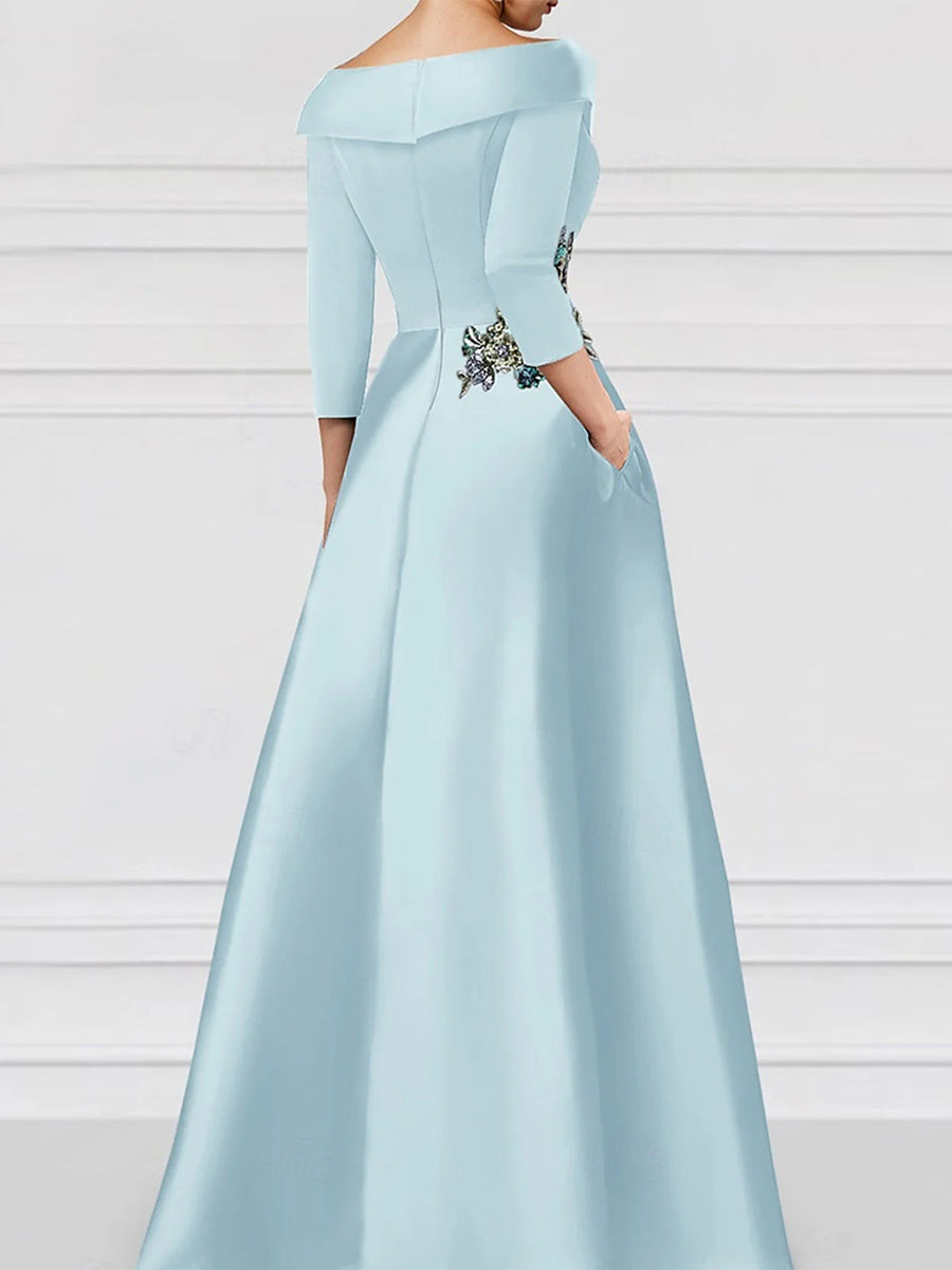 A-line V-neck 1/2 Sleeves Appliques Lace Floor-Length Satin Corset Mother of the Bride Dress