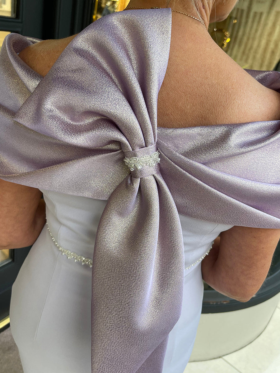 Sheath Bateau Short Sleeves Bow Ankle-Length Stretch Crepe Mother of the Bride Dress
