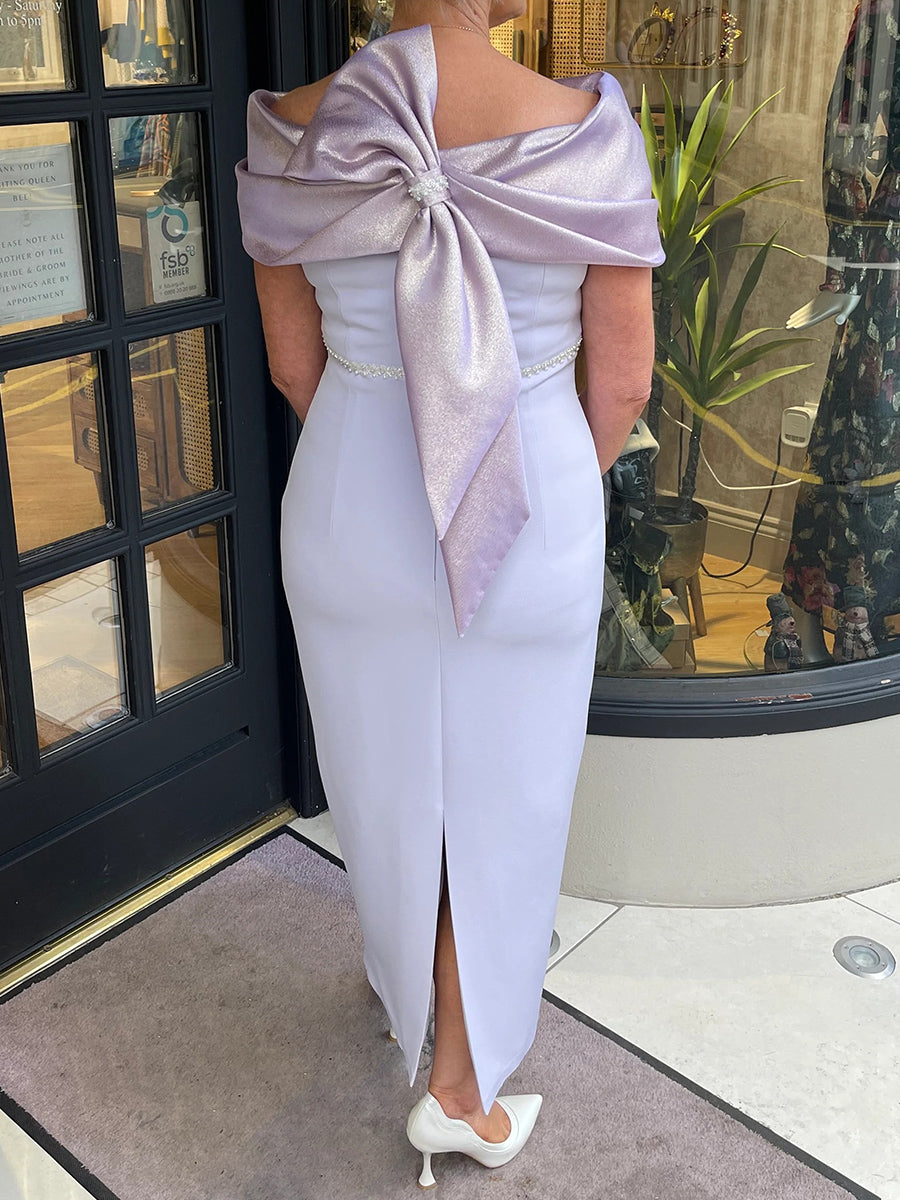 Sheath Bateau Short Sleeves Bow Ankle-Length Stretch Crepe Mother of the Bride Dress