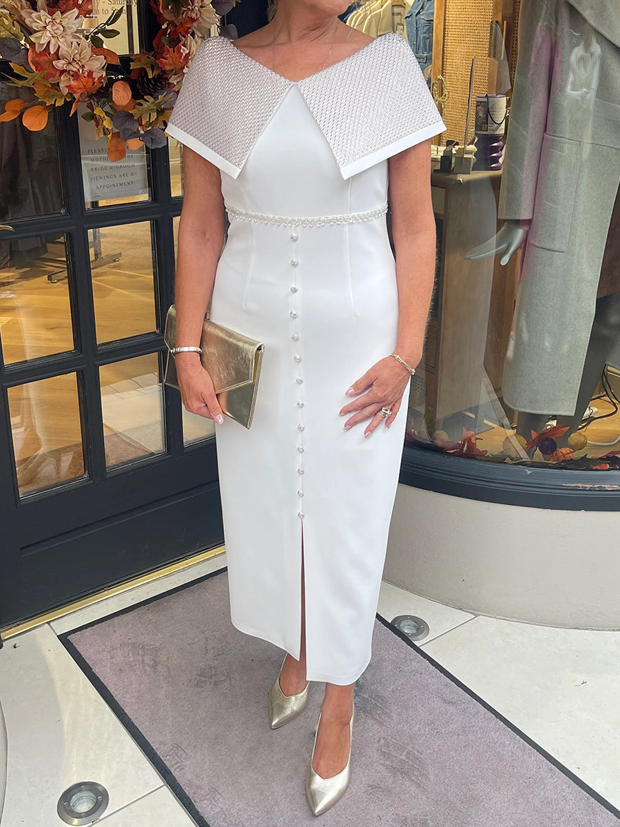 Sheath V-neck Short Sleeves Tea-Length Satin Corset Mother of the Bride Dress