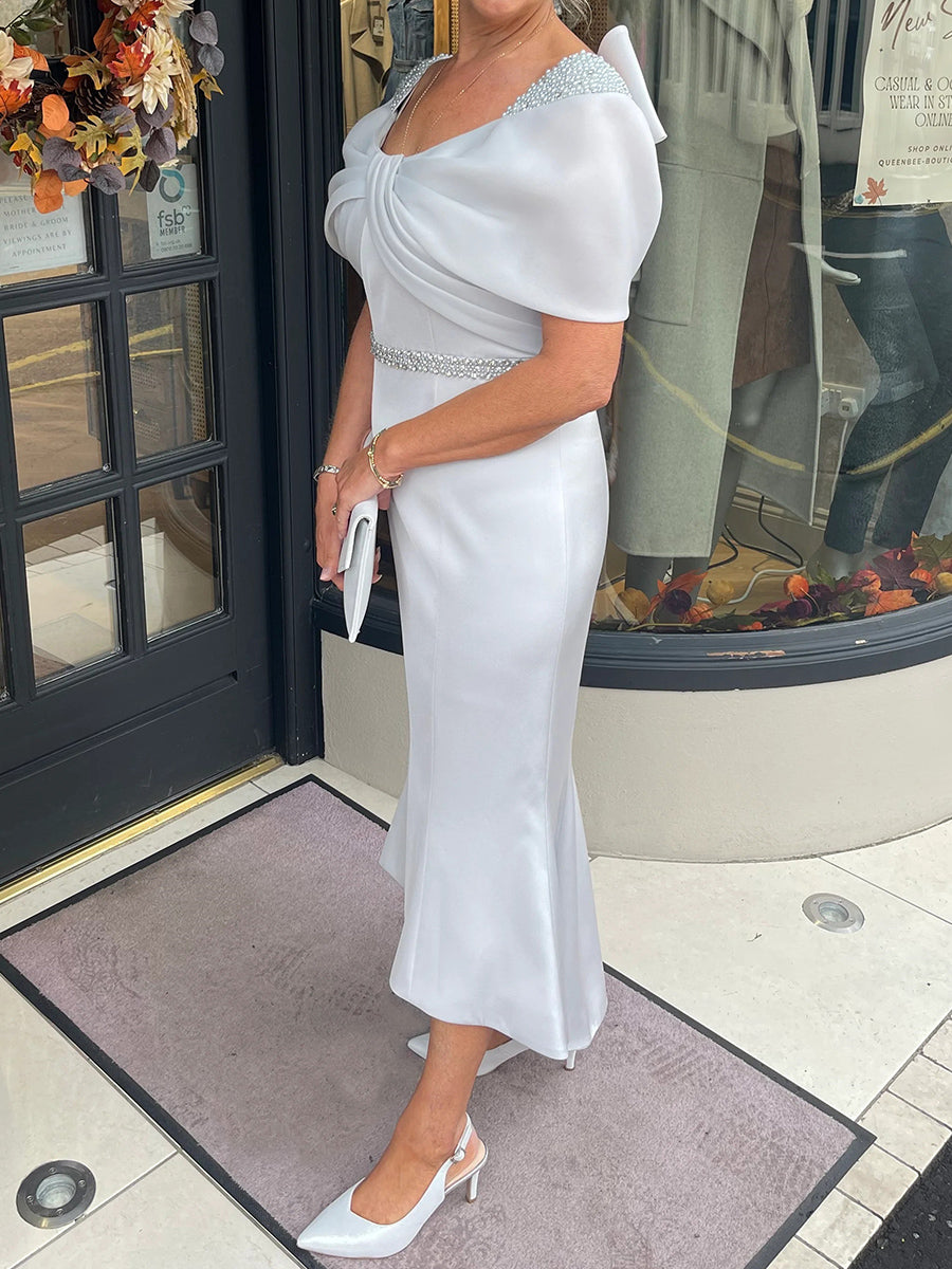 Sheath Scoop Short Sleeves Bow Asymmetrical Corset Mother of the Bride Dress