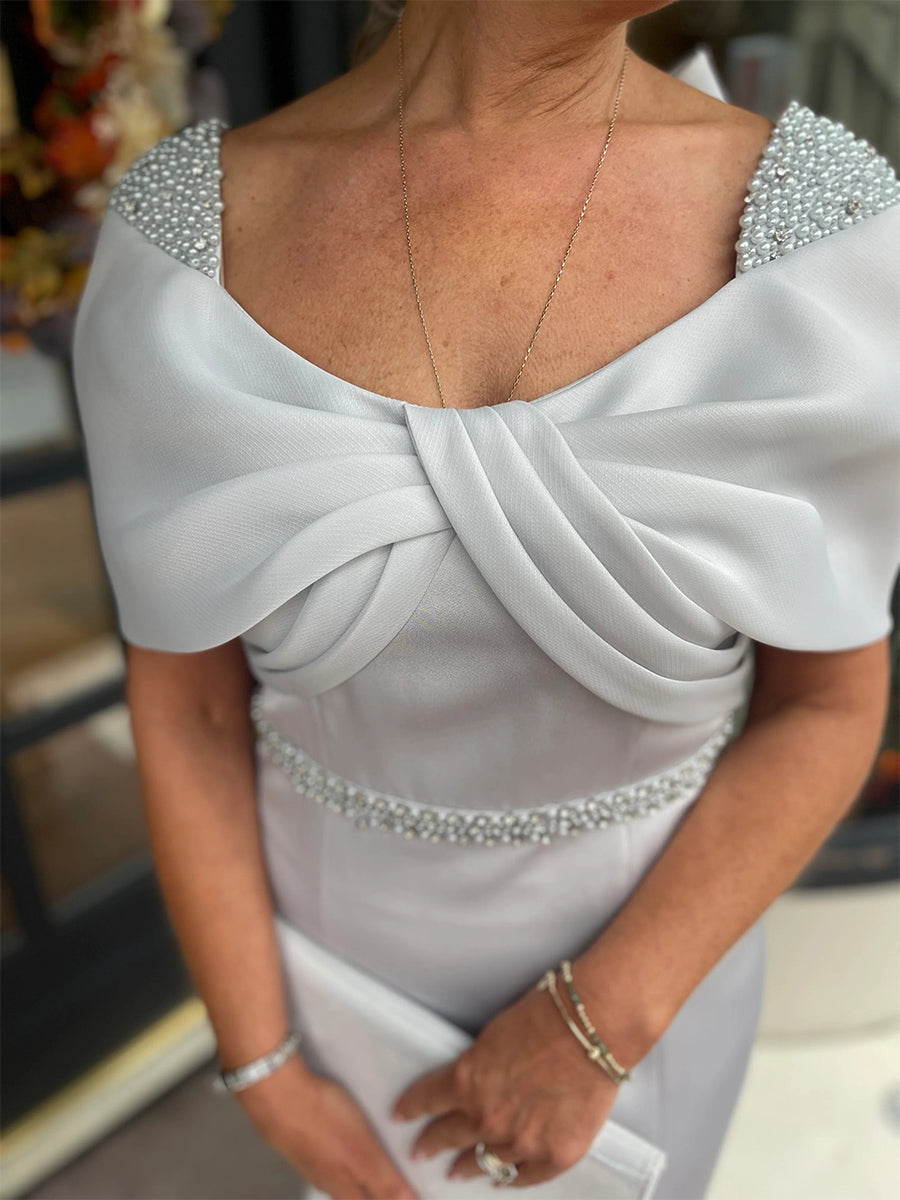 Sheath Scoop Short Sleeves Bow Asymmetrical Corset Mother of the Bride Dress