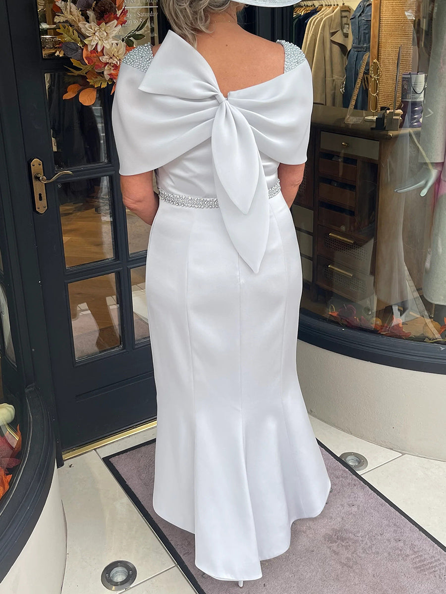 Sheath Scoop Short Sleeves Bow Asymmetrical Corset Mother of the Bride Dress