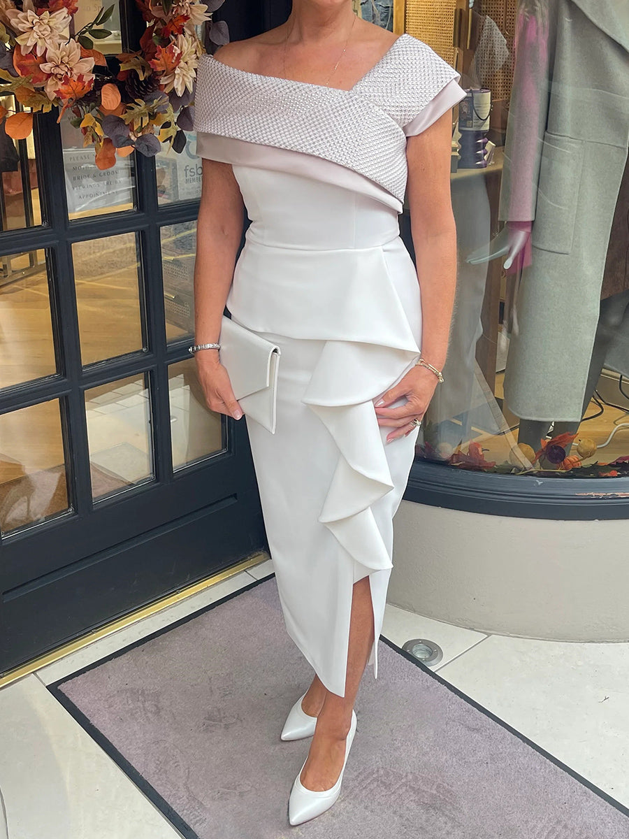 Sheath One-Shoulder Ruffles Tea-Length Satin Corset Mother of the Bride Dress