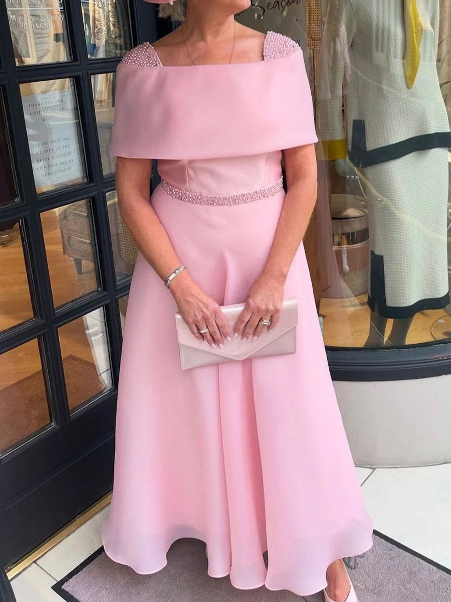 A-line Square Short Sleeves Ruffles Ankle-Length Organza Corset Mother of the Bride Dress