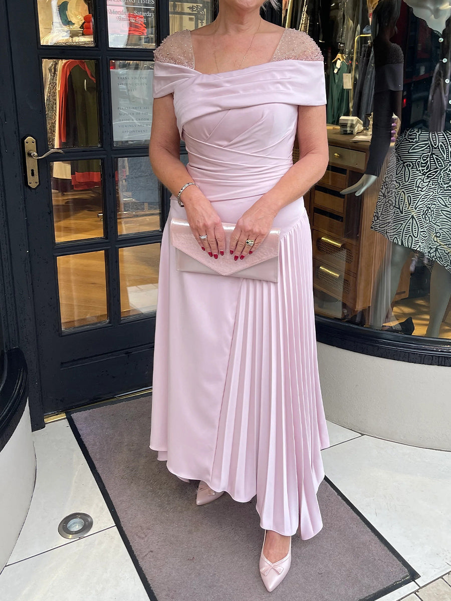 A-line Square Short Sleeves Ruffles Ankle-Length Silk like Satin Corset Mother of the Bride Dress
