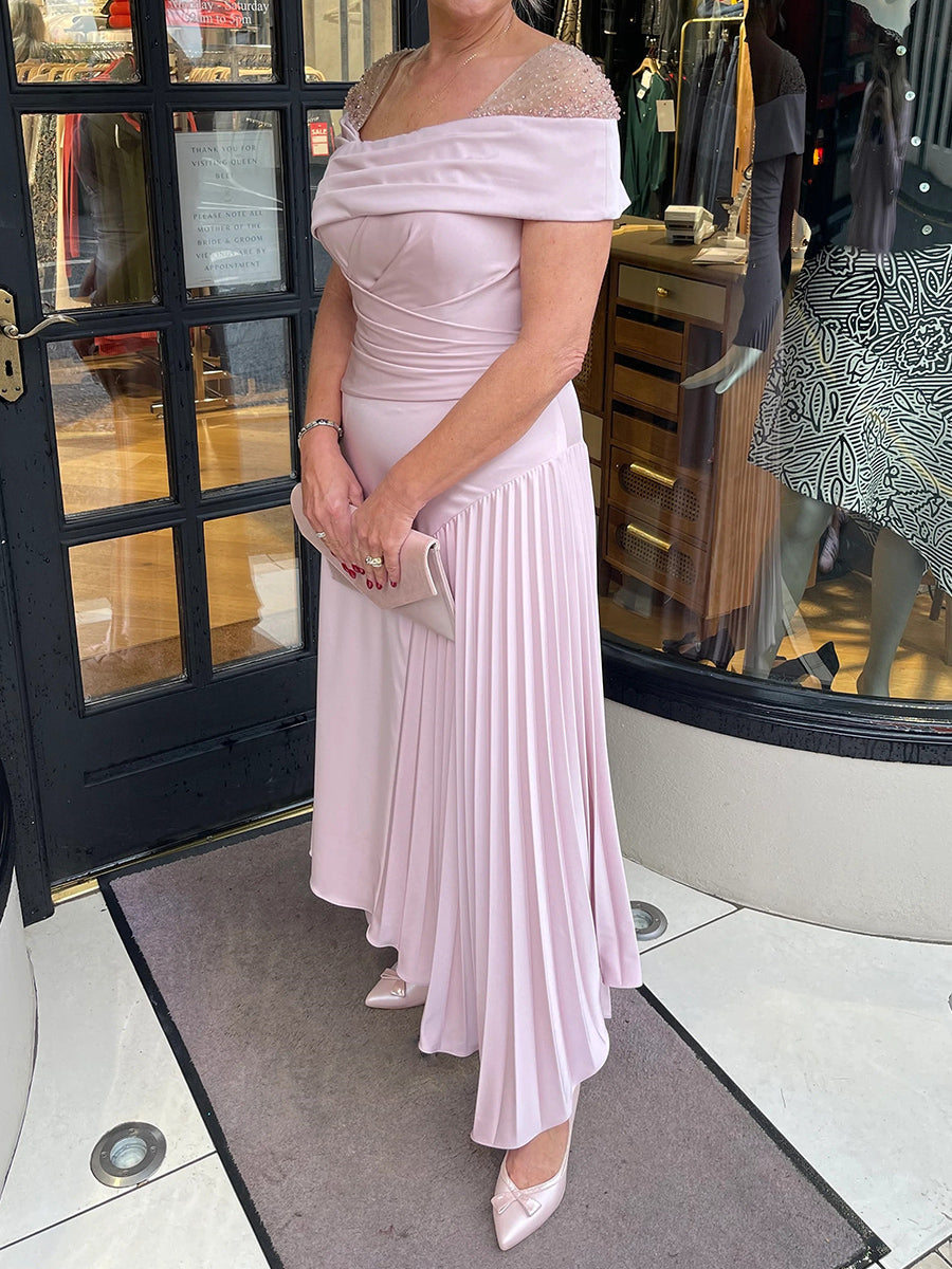 A-line Square Short Sleeves Ruffles Ankle-Length Silk like Satin Corset Mother of the Bride Dress