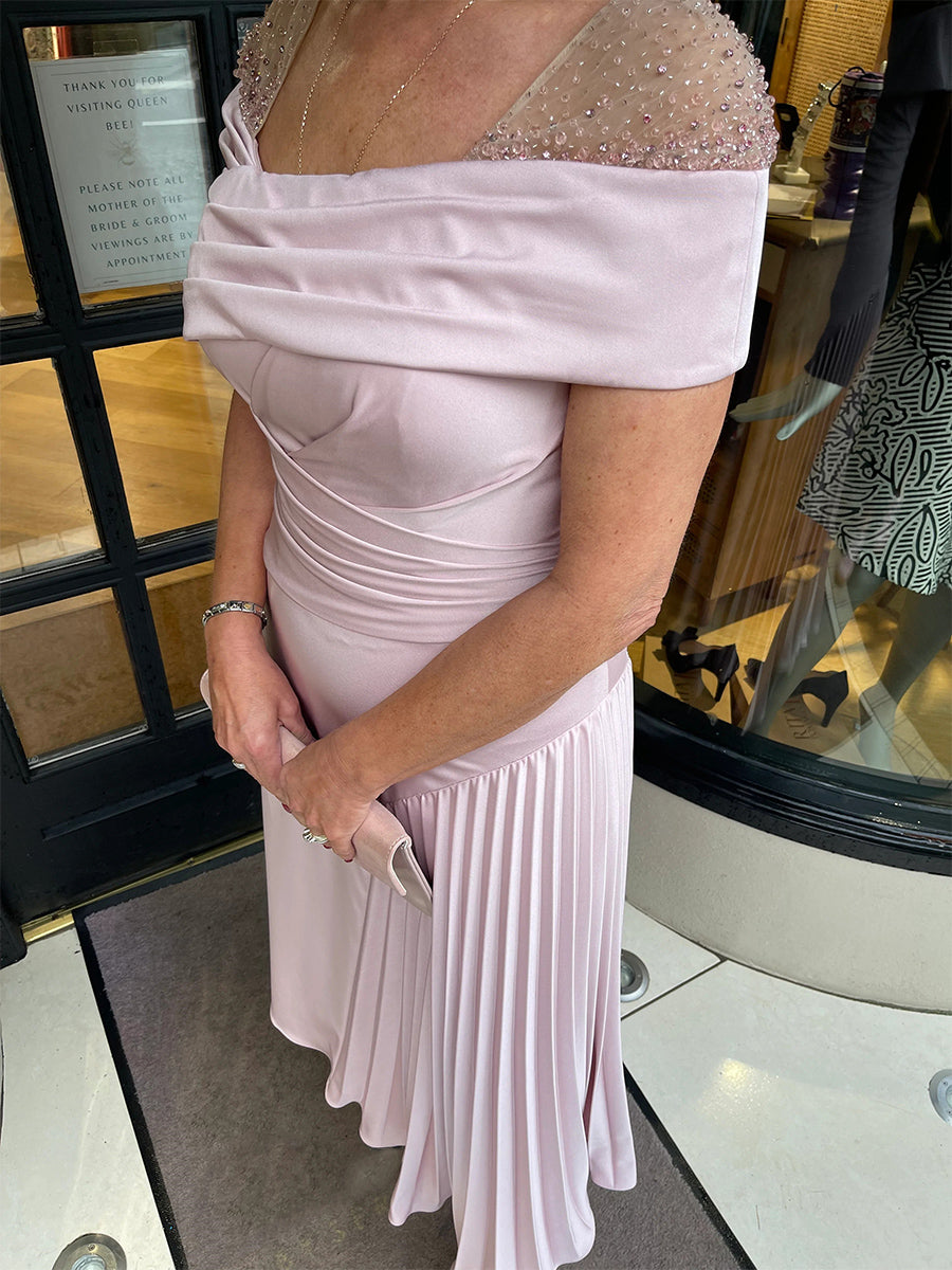 A-line Square Short Sleeves Ruffles Ankle-Length Silk like Satin Corset Mother of the Bride Dress