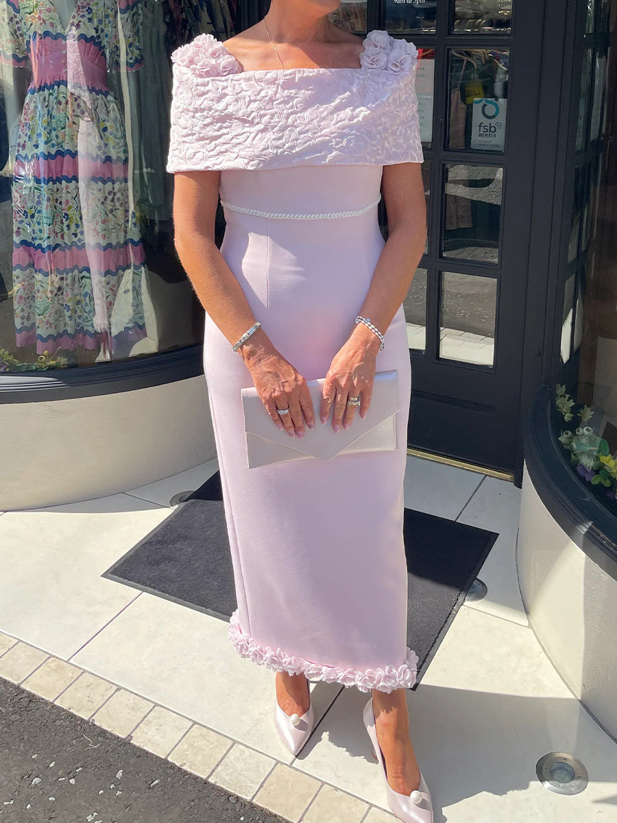Sheath Square Short Sleeves Ankle-Length Stretch Crepe Mother of the Bride Dress