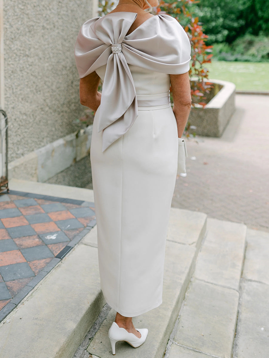 Sheath V-neck Short Sleeves Bow Ankle-Length Stretch Crepe Mother of the Bride Dress