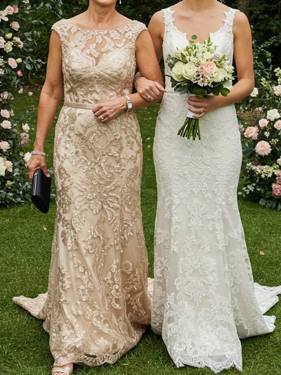 Sheath Bateau Appliques Lace Court Train Lace Corset Mother of the Bride Dress
