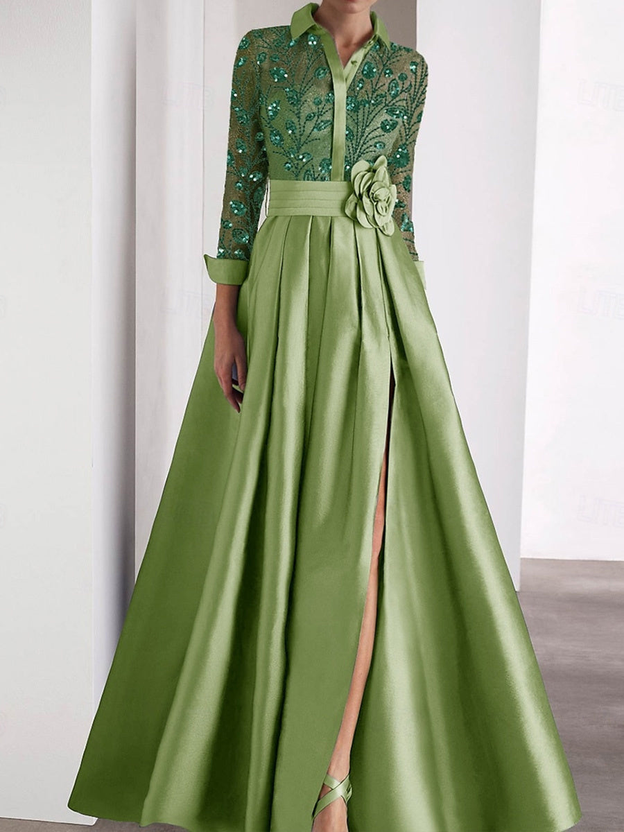 A-line High Neck Long Sleeves Flower Floor-Length Satin Corset Mother of the Bride Dress